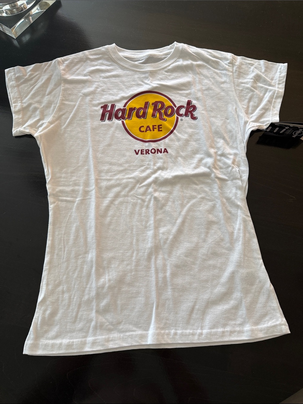 Hard Rock Cafe White T-Shirt with Yellow and Burgundy Logo